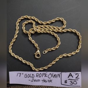 17" Gold Rope Chain Necklace, 2mm rope thickness, 14ktgp